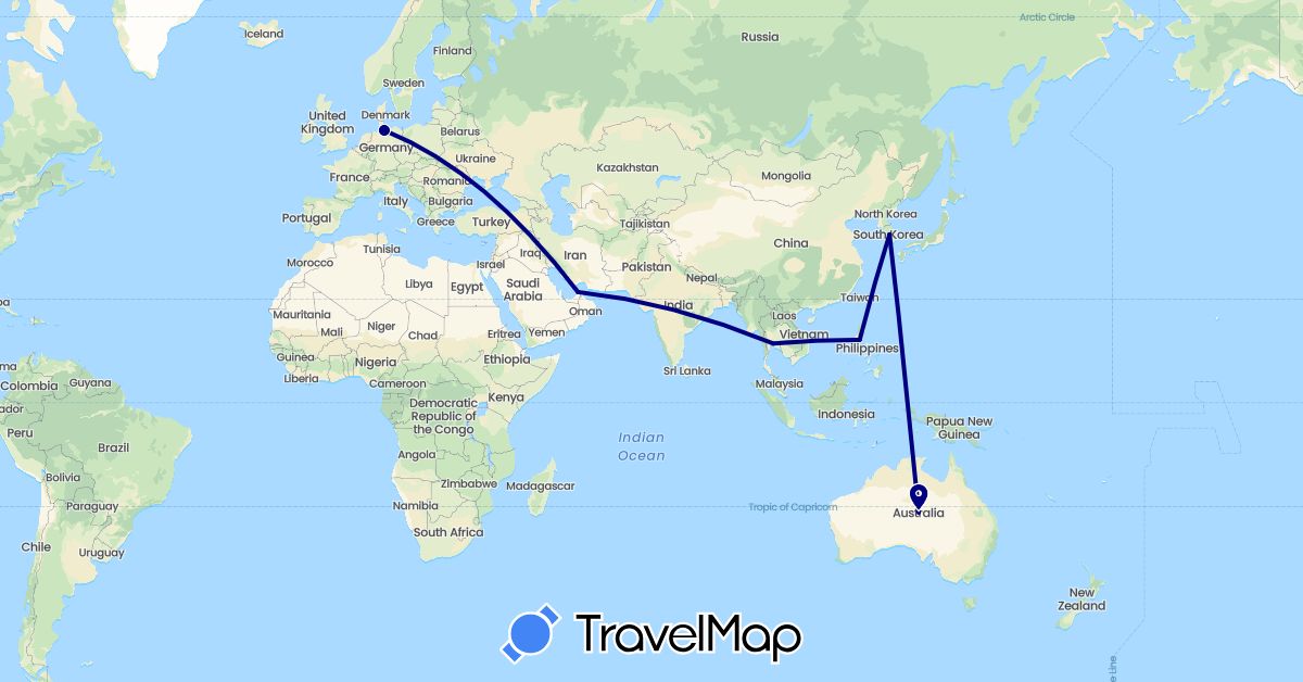 TravelMap itinerary: driving in United Arab Emirates, Australia, Germany, South Korea, Philippines, Thailand (Asia, Europe, Oceania)